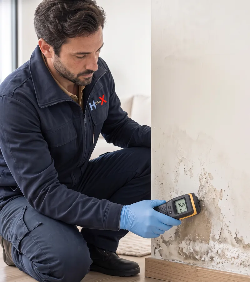 Rising damp and blown plaster at the bottom of a wall in Edinburgh